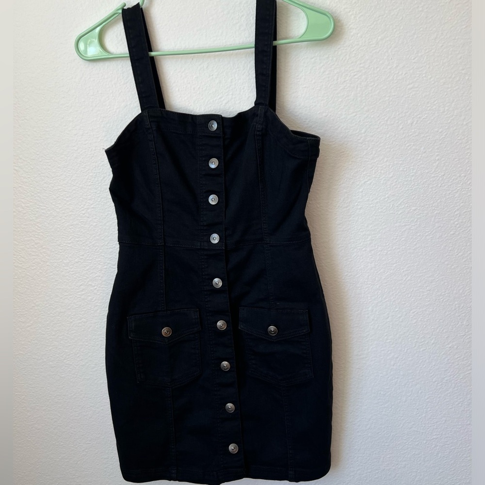 H&M Black Jean Denim Overall Fitted Dress Size S